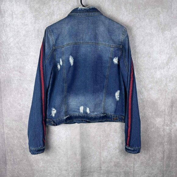 Crave Fame Distressed Denim Jacket Size L with Red Shoulder Stripes - Picture 5 of 9